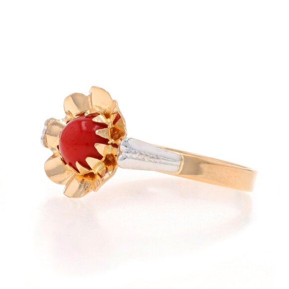 Yellow Gold Coral Solitaire Ring - 18k Round Cabochon Flower - Picture 3 of 6